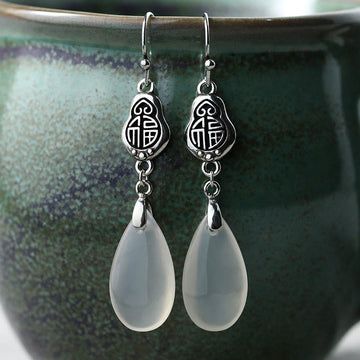 Buddha Treasures 925 Sterling Silver Posts Natural Chalcedony Fu Character Positive Harmony Earrings