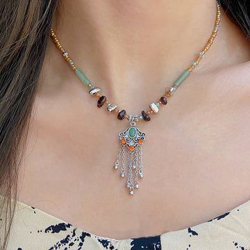 Buddha Treasures Tibetan Crystal Stone Copper Luck Tassel Necklace Pendant