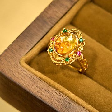 Buddha Treasures Flower Amber Hollow Lace Confidence Adjustable Ring