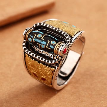 Buddha Treasures Tibetan Nine-Eye Dzi Bead Wealth Blessings Rotatable Ring