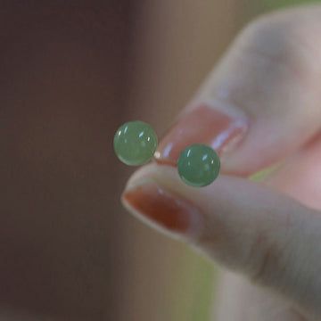 Buddha Treasures Round Jade Beaded Luck Stud Earrings