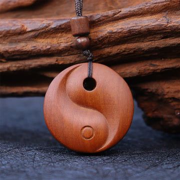 Buddha Treasures Lightning Struck Jujube Wood Yin Yang Luck Protection Necklace Pendant