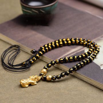 Buddha Treasures FengShui Obsidian PiXiu Wealth Necklace
