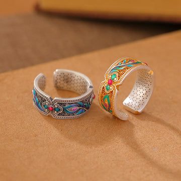 Buddha Treasures 999 Sterling Silver Enamel Feather Design Adjustable Calm Ring