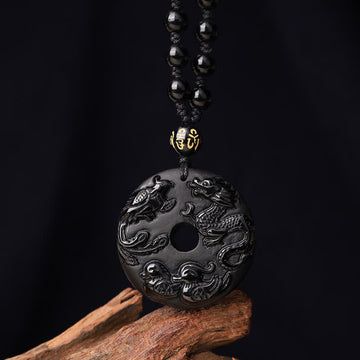 Buddha Treasures Black Obsidian Dragon Phoenix Mandarin Duck Luck Protection Necklace Pendant
