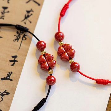 Buddha Treasures Cinnabar Four Leaf Clover Blessing String Rope Anklet