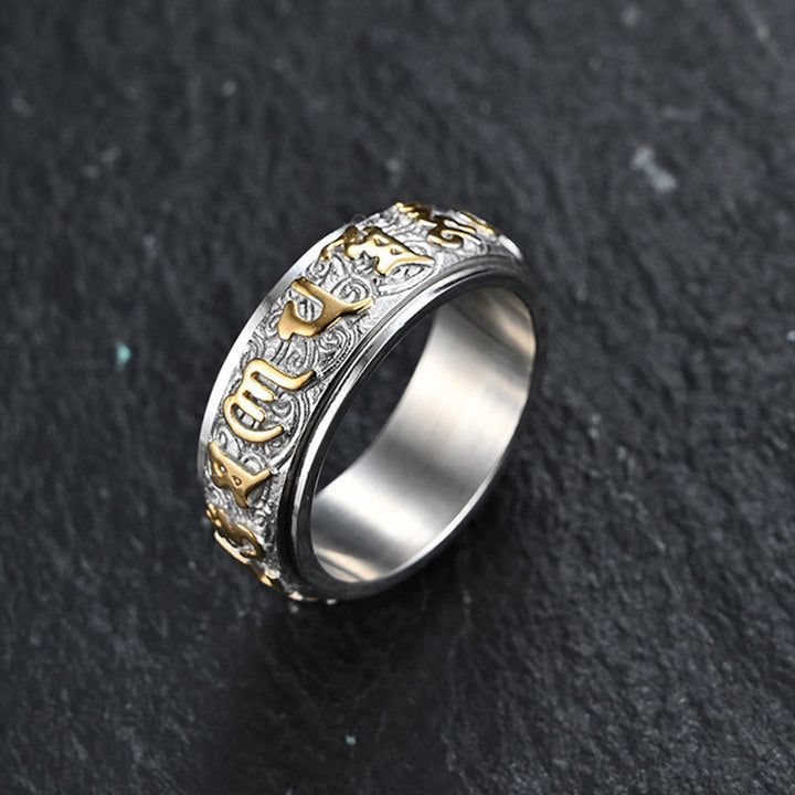 Buddha Treasures Six True Words Balance Calm Titanium Steel Ring