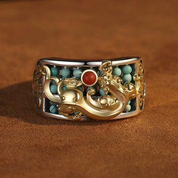 Buddha Treasures 925 Sterling Silver Turquoise Red Agate PiXiu Abacus Protection Ring