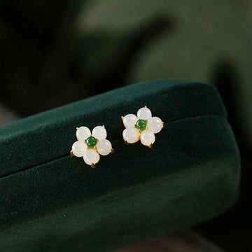 Buddha Treasures White Jade Flower Luck Blessing Stud Earrings