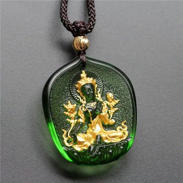 Buddha Treasures Tibetan Green Tara Buddha Gold Plated Liuli Crystal Protection Necklace Pendant