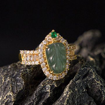 Buddha Treasures Copper Plated Gold Natural Jade Leaf Full Diamond Luck Adjustable Ring