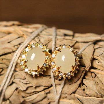 Buddha Treasures Natural Hetian Jade Egg Copper Prosperity Earrings