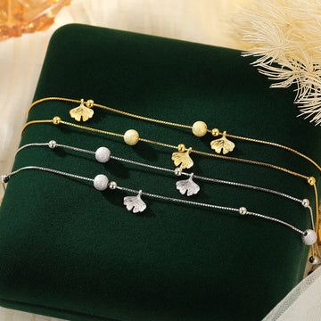 Buddha Treasures 925 Sterling Silver Ginkgo Leaf Double Layer Protection Anklet