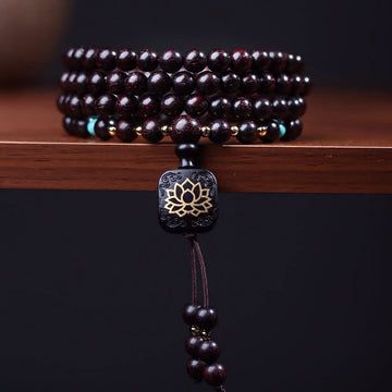 Buddha Treasures 108 Mala Beads Tibetan Small Leaf Red Sandalwood Lotus Balance Bracelet