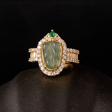 Buddha Treasures Copper Plated Gold Natural Jade Leaf Full Diamond Luck Adjustable Ring