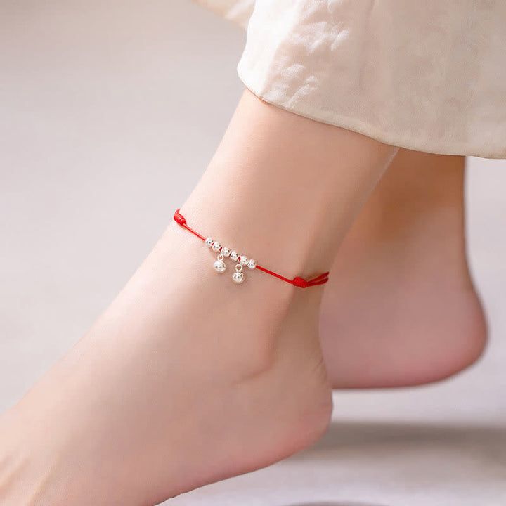 Buddha Treasures 925 Sterling Silver Red String Braid Bell Charm Anklet