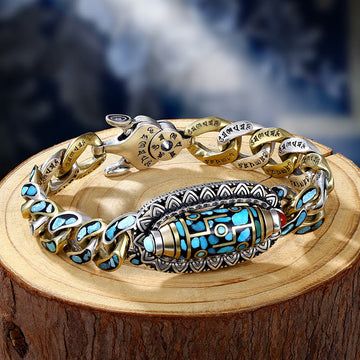 Buddha Treasures Tibetan Nine-Eye Dzi Bead Om Mani Padme Hum Turquoise Protection Rotatable Bracelet