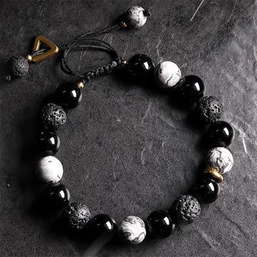 Buddha Treasures Black Obsidian Lava Rock Stone Yin Yang Strength Bracelet