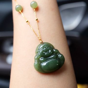 Buddha Treasures Laughing Buddha Hetian Jade Luck Necklace Bead Chain Pendant