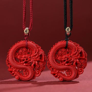 Buddha Treasures Year of the Dragon 925 Sterling Silver Natural Cinnabar Copper Coin Luck Necklace Pendant