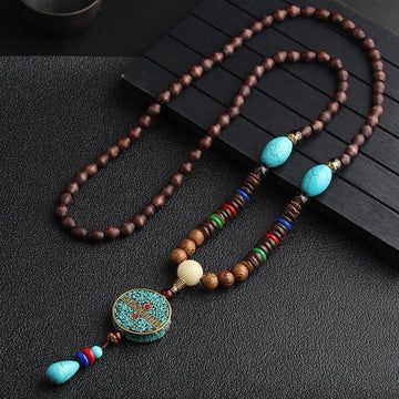 Buddha Treasures Turquoise Dzi Bead Prayer Wheel Wenge Wood Meditation Necklace