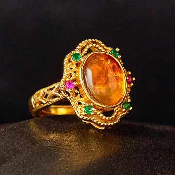 Buddha Treasures Flower Amber Hollow Lace Confidence Adjustable Ring