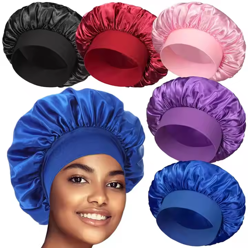 New Satin Bonnets Night Sleeping Cap Large Elastic Wide Soft Band Colorful Silk Hat for Curly Hair Care Beauty Makeup for Women 55 sales