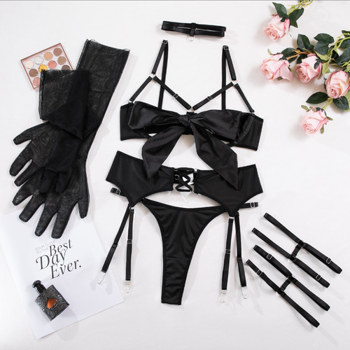 Hot Selling Sexy Bowknot Hollow Bra Silk Underwear Set Custom Harness Erotic G-String Sets With Garter Lingerie Set 253 sales