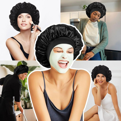New Satin Bonnets Night Sleeping Cap Large Elastic Wide Soft Band Colorful Silk Hat for Curly Hair Care Beauty Makeup for Women 55 sales