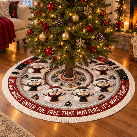 Personalized Family Snowman Christmas Tree Skirt – Custom Snowman Quantity & Family Names Holiday Tree Decor