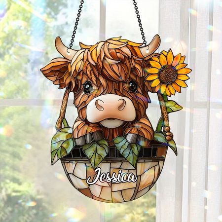 Cute Highland Cow And Sunflower - Personalized Highland Cow Window Hanging Suncatcher Ornament