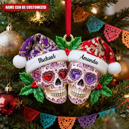 Christmas Day of the Dead Skull Pair - Personalised Acrylic Ornament
