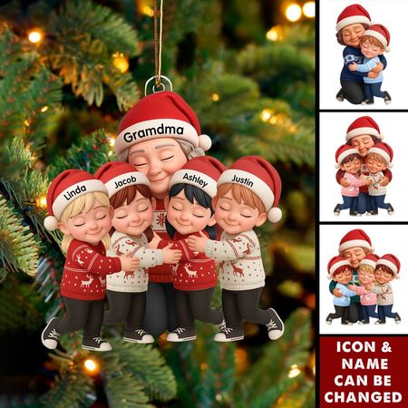 Grandma Hugging Grandkids - Personalized Acrylic Ornament - Heartwarming Christmas Gift for Grandma, Grandkids