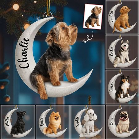 Adorno personalizado de perro sentado en la luna para amantes de los perros