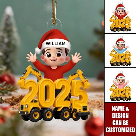 Happy Kids and Excavator Figures - Personalized Acrylic Ornaments, a Holiday Gift for Children and Grandchildren