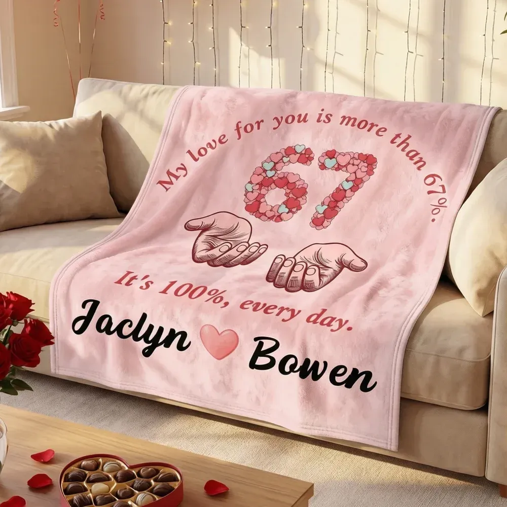 Personalised Six Seven Heart Pink Soft Throw Blanket with Name Daily Use Valentine's Day Anniversary Gift for Couple