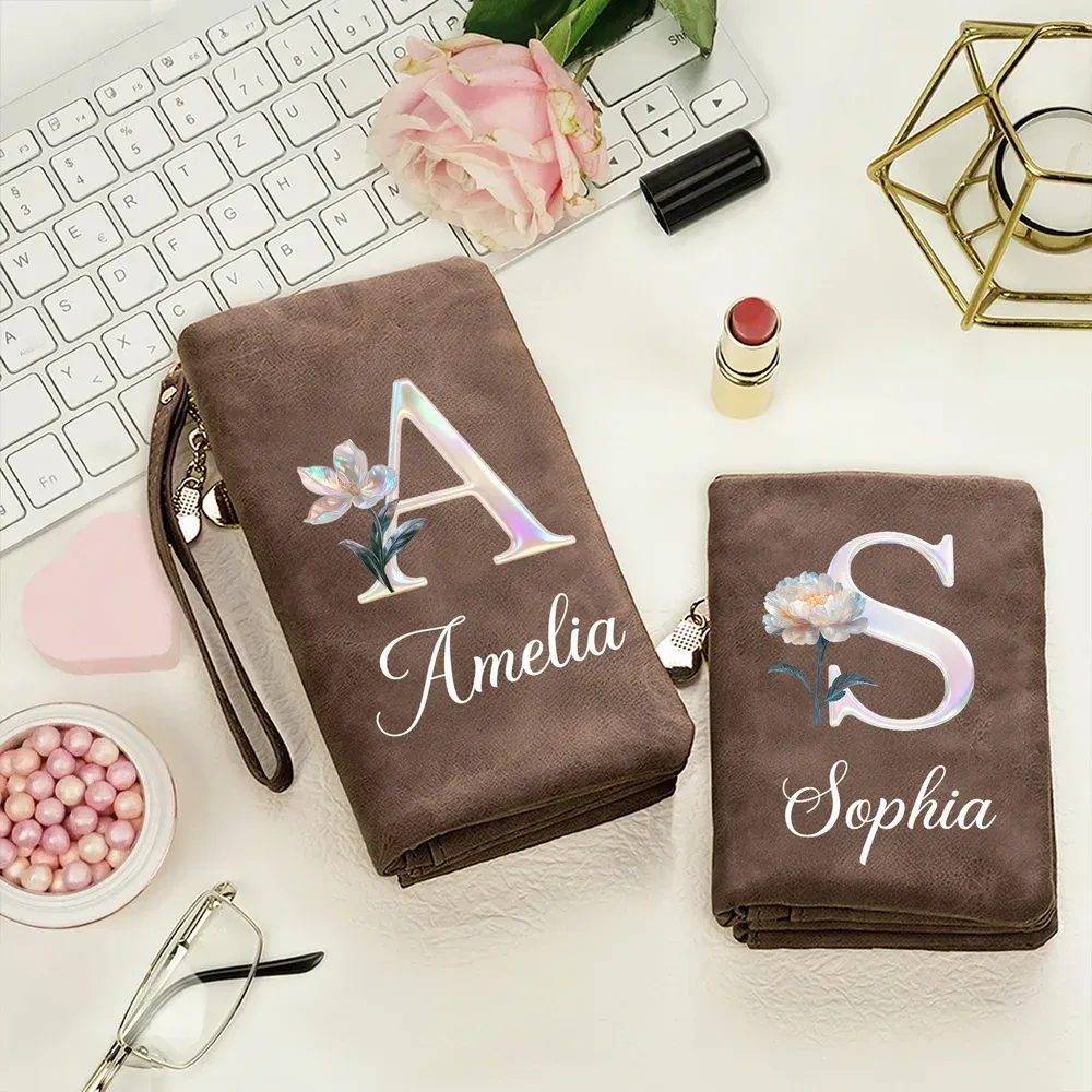 Personalized folding wrist wallet made of PU leather with a custom birthday flower pattern, customizable with a name, and multiple card slots.  A perfect gift for women's birthdays or anniversaries.
