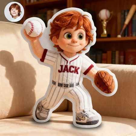 Turn Your Kid Into a Baseball Star – Custom Photo Cartoon Pillow with Name