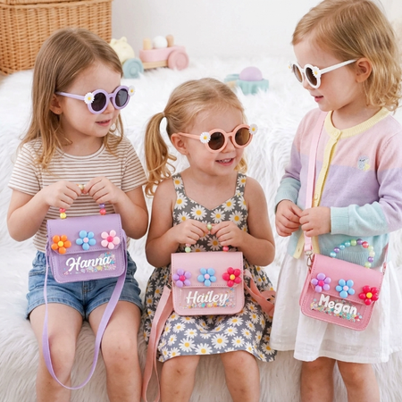 Personalized Name Little Flower Pearl Handbag for Kids – Custom Glitter Crossbody Purse for Girls