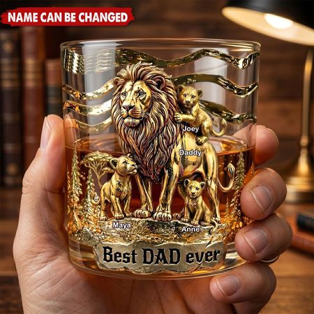 Lion Dad And Kids - Personalized Whiskey Glass,  Gift For Dad, Grandpa