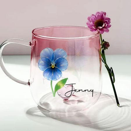 Birth Month Crystal Flower - Personalized Gradient Glass Mug - Gifts for your wife, girlfriend, best friend, sister or family