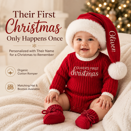 Personalized Baby's First Christmas Knit Romper – Custom Name Organic Cotton Christmas Outfit
