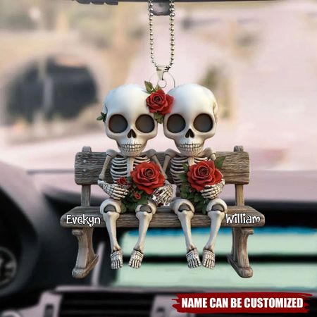 Skull Couple With Red Roses - Personalized Couple Car Ornament