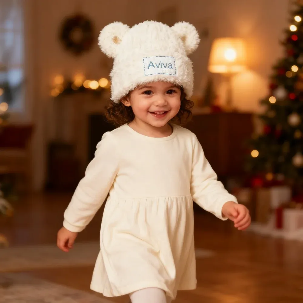 Personalized Cute Bear Ears Windproof Furry Beanie Hat with Embroidery Name Baby Shower Gift for Baby Toddler