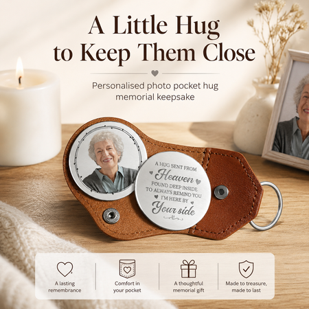 Hold Them Close – Personalised Memorial Photo Pocket Hug Keyring, Sympathy Gift for Loss of Mum, Dad or Pet