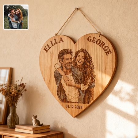 Personalized couple photo heart-shaped wooden plaque
