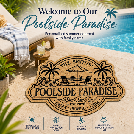 Personalised Poolside Doormat – Custom Family Name Summer Patio & Garden Mat