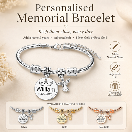 Personalised Angel Memorial Bracelet with Name & Years – Adjustable Remembrance Jewellery
