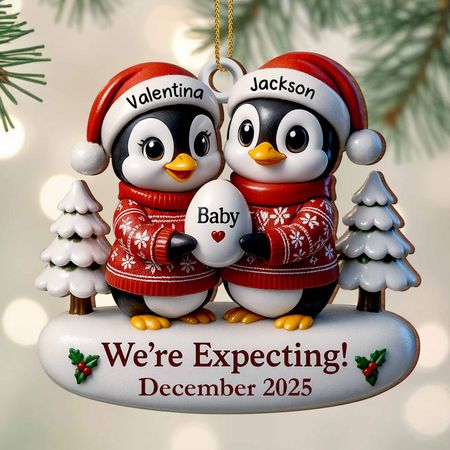 We're Expecting December With Penguins And Christmas Trees, Personalized Custom Wood Ornament