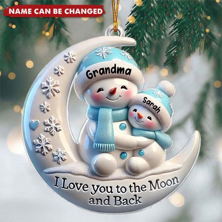Snowmen Grandma & Hugging Grand kid On The Moon - Personalized Acrylic Flat Ornament